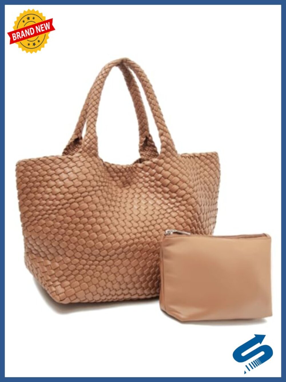 Vegan Leather Woven Tote Handbag with Pouch, Shoulder Bag for Women, Fits 13-14